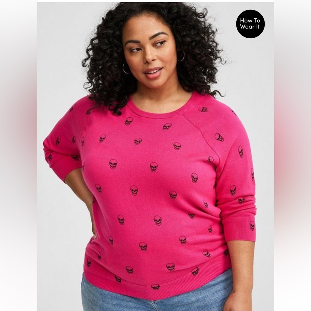 Torrid Pink Cotton Cashmere Sweater with Black Skulls